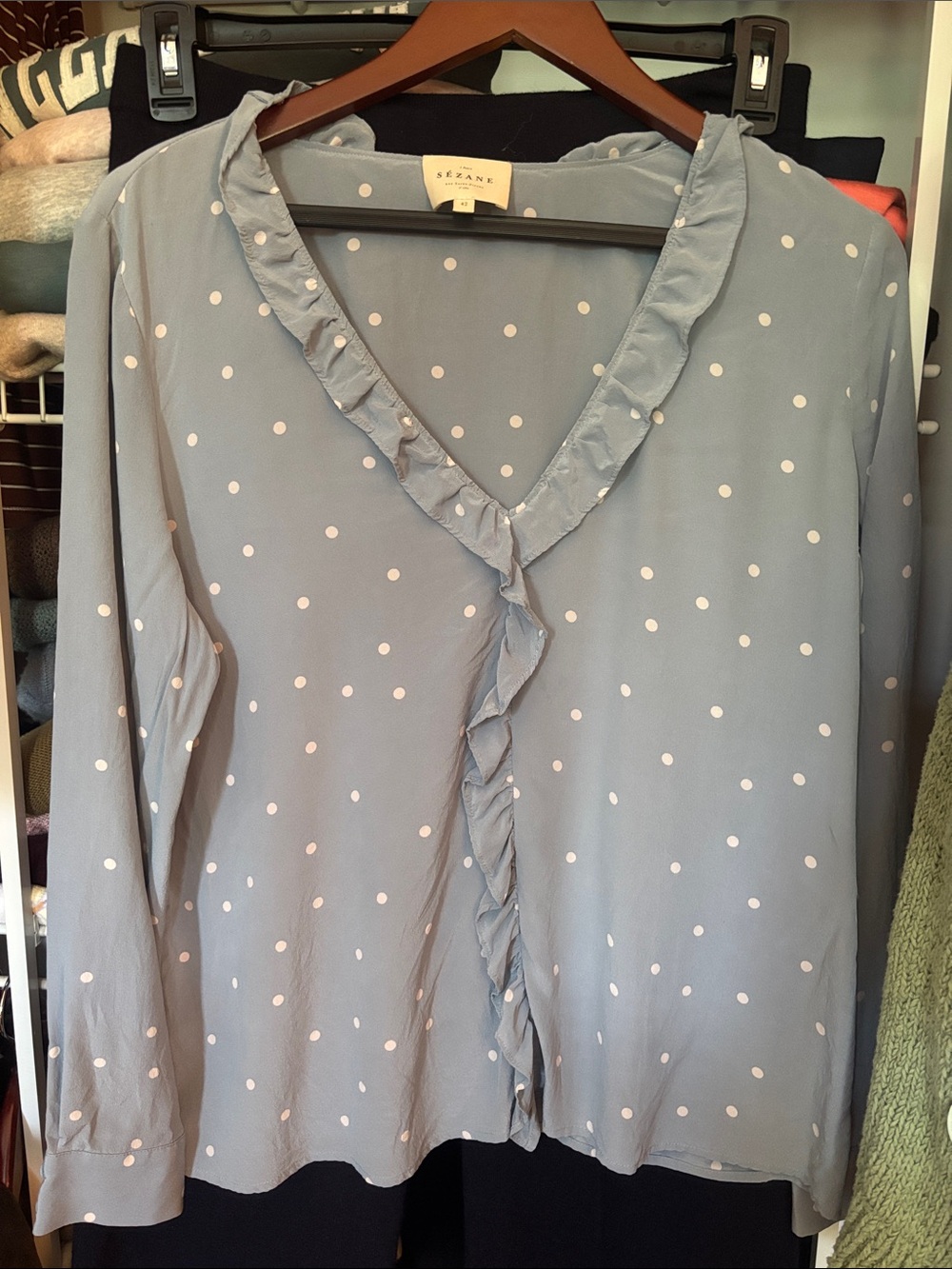 Sezane Light Blue Polka Dot Ruffle V-Neck Blouse